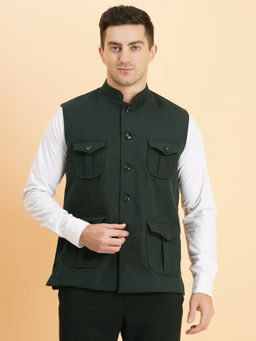 SG LEMAN - Men Solid Green Nehru Jacket