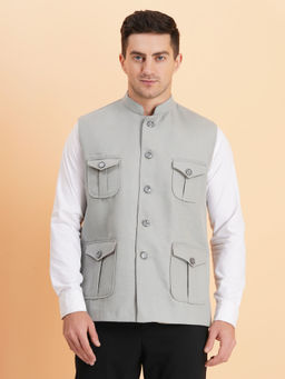 SG LEMAN - Men Solid Grey Nehru Jacket