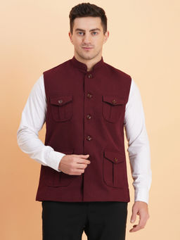 SG LEMAN - Men Solid Maroon Nehru Jacket