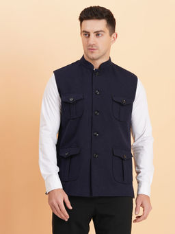 SG LEMAN - Men Solid Navy Blue Nehru Jacket