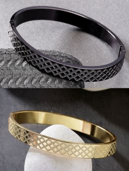 NVR - Men Gold & Black Rhodium Plated Stainless Steel Kada Bracelet (Pack of 2)