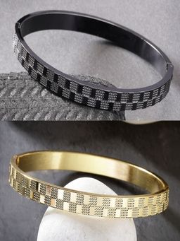 NVR - Men Gold & Black Rhodium Plated Stainless Steel Kada Bracelet (Pack of 2)