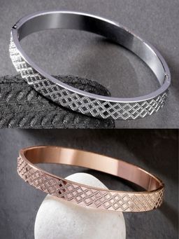 NVR - Men Rose Gold and Silver Rhodium Plated Stainless Steel Kada Bracelet (Pack of 2)