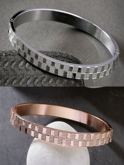 NVR - Men Rose Gold and Silver Rhodium Plated Stainless Steel Kada Bracelet (Pack of 2)
