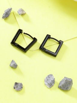 NVR - Men Black Rhodium Plated Geometric Shape Stainless Steel Hoop Earrings