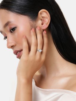 LuxeVogue - Rhodium Plated Silver Adjustable Princess Halo Baguette Silver Diamond Ring