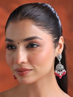 Yellow Chimes - Silver Oxidised Plated Red Stone Drop Earrings