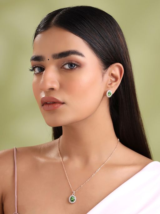 Yellow Chimes Crystal Green Stone Studded Necklace Set