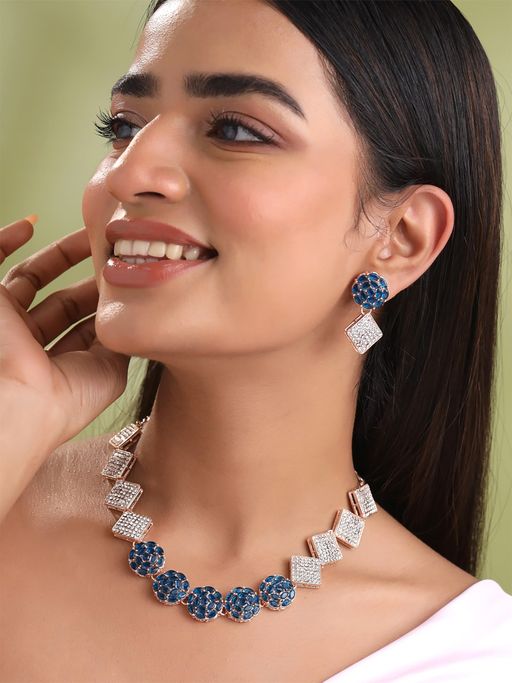 Yellow Chimes White and Blue Stone Rose Gold Plated Necklace Set
