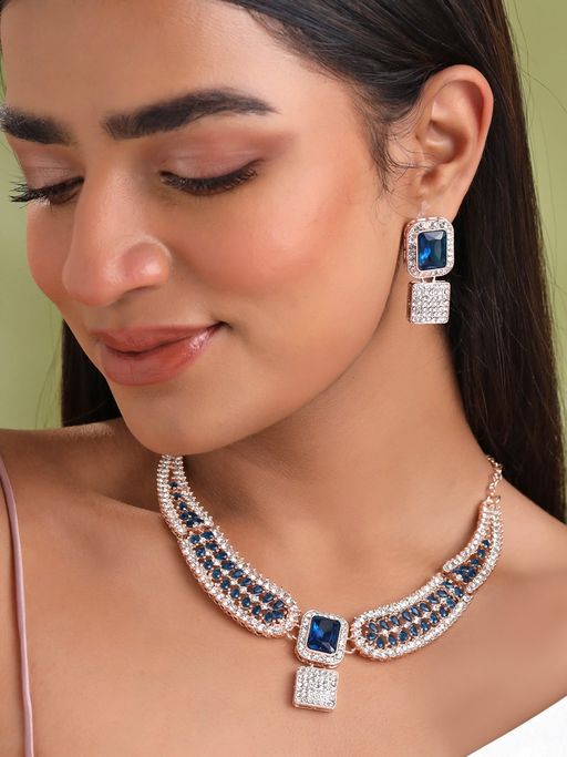 Yellow Chimes Rose Gold Plated Blue and White Stone Studded Jewellery Set