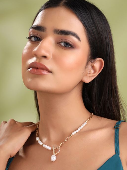 Yellow Chimes Gold Plated Pearl Chain Necklace