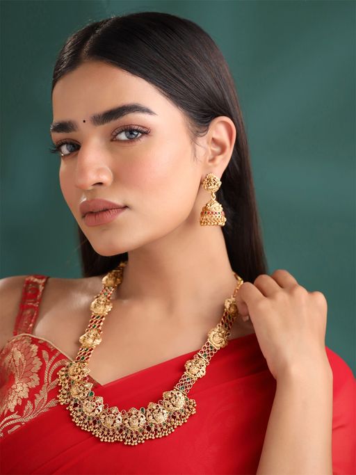 Yellow Chimes Golden Long Temple Jewellery Set
