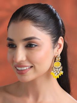 Yellow Chimes - Gold Plated Kundan Beads Yellow Stone Long Earrings