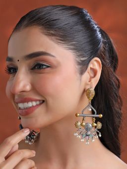 Yellow Chimes - Traditional Silver Pearl Hanging Oxidized Earrings