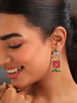 Yellow Chimes - Gold Plated Ethnic Red Stone Studded Drop Earrings