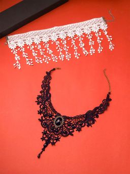 Yellow Chimes - Black and White Fabric Lace Chokers (Pack of 2)