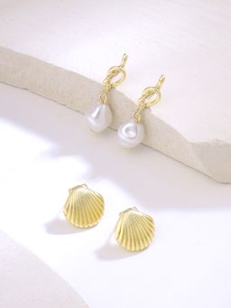Yellow Chimes - Golden Shell and Pearl Earrings (Pack of 2)