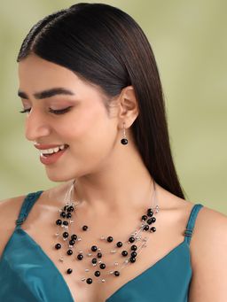 Yellow Chimes - Silver Multilayer Black Beads Jewellery Set