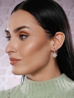 Aatmana - Rhodium-Plated and Crytals Studded Floral Drop Earrings