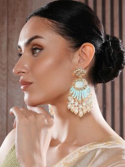 Aatmana - Gold Plated Kundan Studded with Aqua Blue and White Bead Earrings