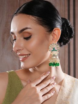 Aatmana - Gold Plated Pink and Green Meenakari Work with Green Beads Jhumka Earrings