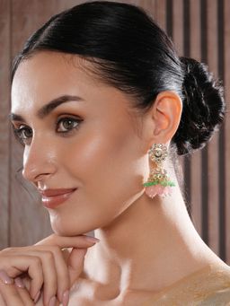 Aatmana - White Kundan Studded and Beaded Floral Shaped Jhumka Earrings