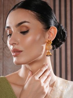 Aatmana - Gold-Plated Floral Shaped Kundan and Pearl Studded Jhumka Earrings