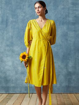Okhai - Yellow Warm Delight Hand Embroidered Pure Cotton Dress