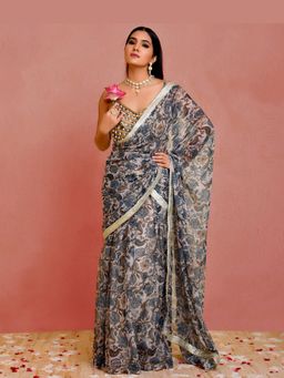 Bannhi by Priyanka Rathore - Womens Floral Printed Blue Pre-draped Saree with Stitched Blouse