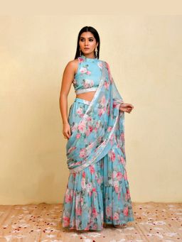 Bannhi by Priyanka Rathore - Womens Floral Printed Blue Pre-draped Saree with Stitched Blouse