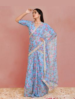 Bannhi by Priyanka Rathore - Womens Blue Floral Saroj Pre-draped Saree with Stitched Blouse