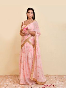 Bannhi by Priyanka Rathore - Womens Floral Pink Pushkar Pre-draped Saree with Stitched Blouse