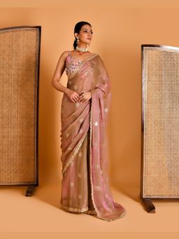 Bannhi by Priyanka Rathore - Womens Pink Barkha Tissue Organza Saree with Stitched Blouse