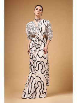 Gazab By Miku Kumar - Women Ivory Silk Abstract Pre-draped Saree with Stitched Blouse