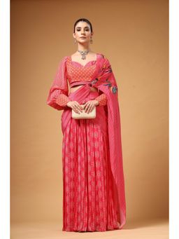 Gazab By Miku Kumar - Women Pink Silk Geometric Pre-draped Saree with Stitched Blouse