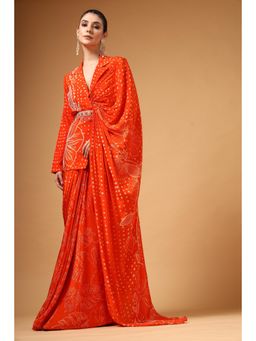 Gazab By Miku Kumar - Women Orange Silk Geometric Pre-draped Saree with Stitched Blouse