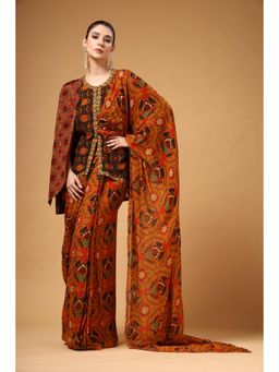 Gazab By Miku Kumar - Women Brown Organza Floral Pre-draped Saree with Stitched Blouse