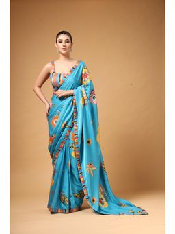 Gazab By Miku Kumar - Women Blue Modal Floral Pre-draped Saree with Stitched Blouse