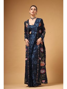 Gazab By Miku Kumar - Women Navy Blue Silk Floral Pre-draped Saree with Stitched Blouse