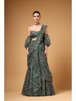 Gazab By Miku Kumar - Women Green Organza Printed Saree with Stitched Blouse