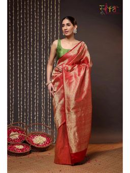 Sutra Art of Clothing - Ruby Red Handloom Pure Silk Tanchoi Banarasi Saree without Blouse