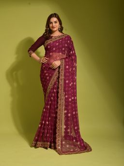 Odette - Violet Georgette Designer Saree with Unstitched Blouse