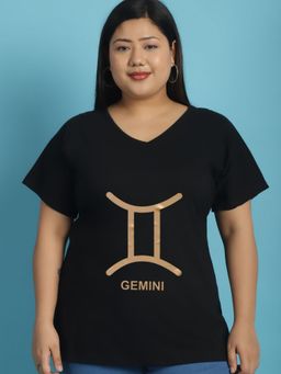 theRebelinme - Plus Size Women's Black Color Gemini Zodiac Sign Printed T-Shirt