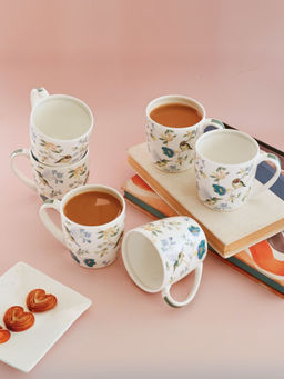 CLAY CRAFT - Floral White Ceramic Mugs, 220 Ml Each, (Set Of 6)