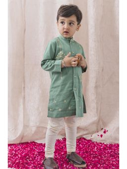 TIBER TABER - Boy Groovy Thread Kurta With Pyjama - Green (Set of 2)