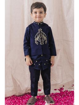 TIBER TABER - Boy Royal Peacock Bundi Jacket With Kurta And Pant - Navy Blue (Set of 3)