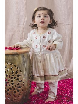 TIBER TABER - Baby Girl Pearl Princess Angrakha Kurta With Pyjama - Cream (Set of 2)