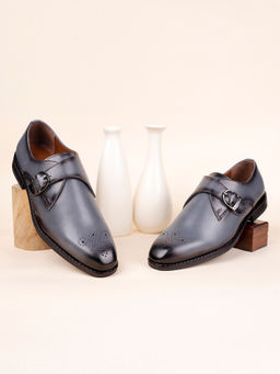 Louis Stitch - Grey Men Leatherette Dual Tone Patina Shaded Monk Straps