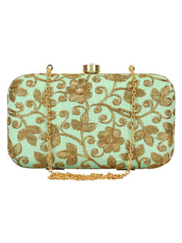 Anekaant - Ethnic Embroidered Party Clutch Bag Light Green And Gold