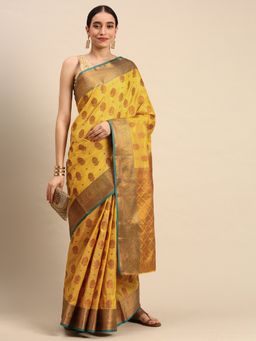 Sangam Prints - Yellow Silk Woven Work Festival Saree with Unstitched Blouse